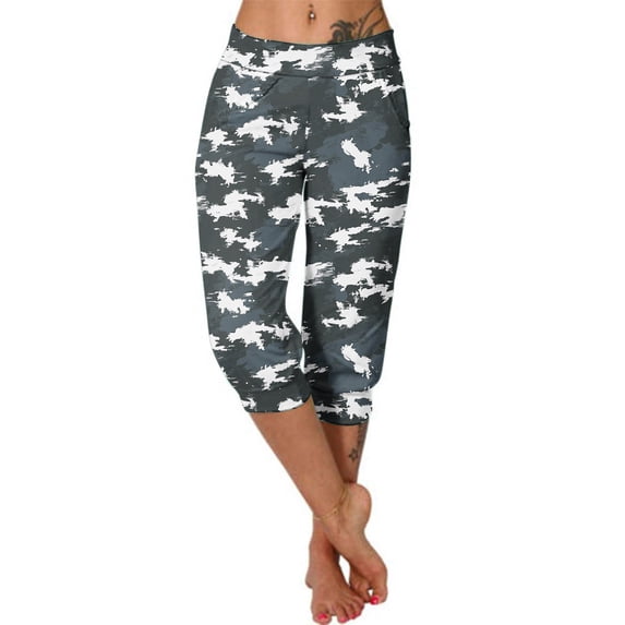 Zysthvn Cropped Women's Capris Yoga Workout Leggings with Pockets Casual Pants for Women High Waisted Gym Elastic Waist Camo