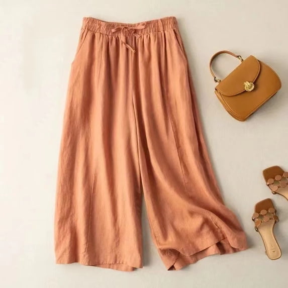 Zysthvn Cropped Women's Casual Pants & Capris Cotton Linen High Waist Wide Leg Lightweight Pants Women Loose Elastic Waist with Pockets Drawstring Solid