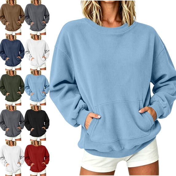 Zysthvn Fall Crew Neck Sweatshirts Women Casual Corduroy Pullover Lightweight Long Sleeve with Pockets Sweatshirts for Women Solid Tops