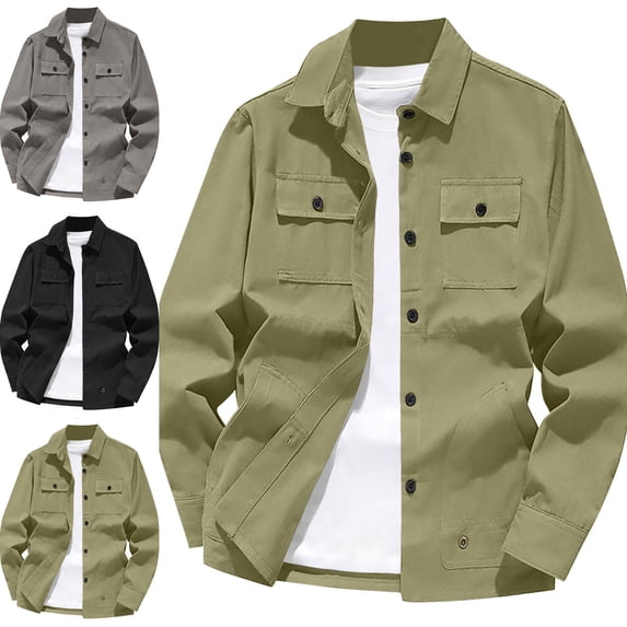 Zysthvn Fall Mens Jackets Lightweight Casual Cotton Cargo Athletic Mens Coats Solid Lapel with Pockets Button Workwear
