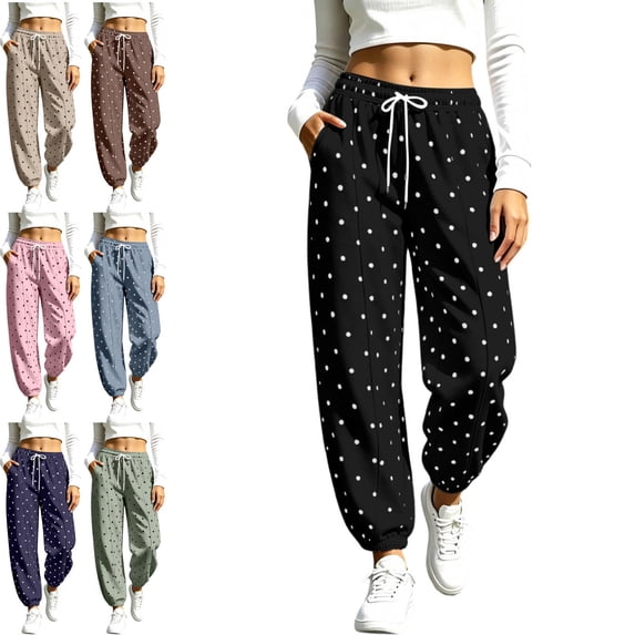 Zysthvn Fall Sweatpants for Women Athletic Polka Dot Plus Size Casual Jogger Pants for Tall Women with Pockets Drawstring Elastic Waist Trousers