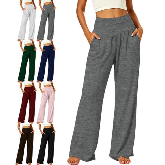 Zysthvn Fall Women Casual Pants Wide Leg Yoga High Waisted Pants for Women Elastic Waisted Solid with Pockets Trousers