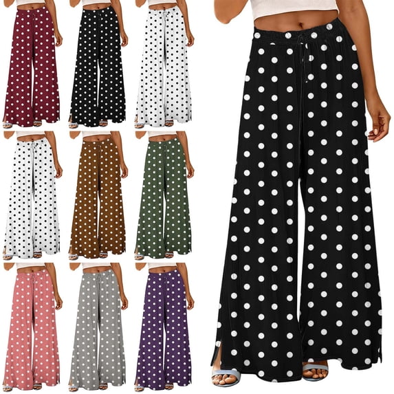 Zysthvn Fall Womens Pants Polka Dot Wide Leg Casual High Waisted Pants for Women Drawstring Palazzo Lightweight with Pockets Elastic Waisted Trousers