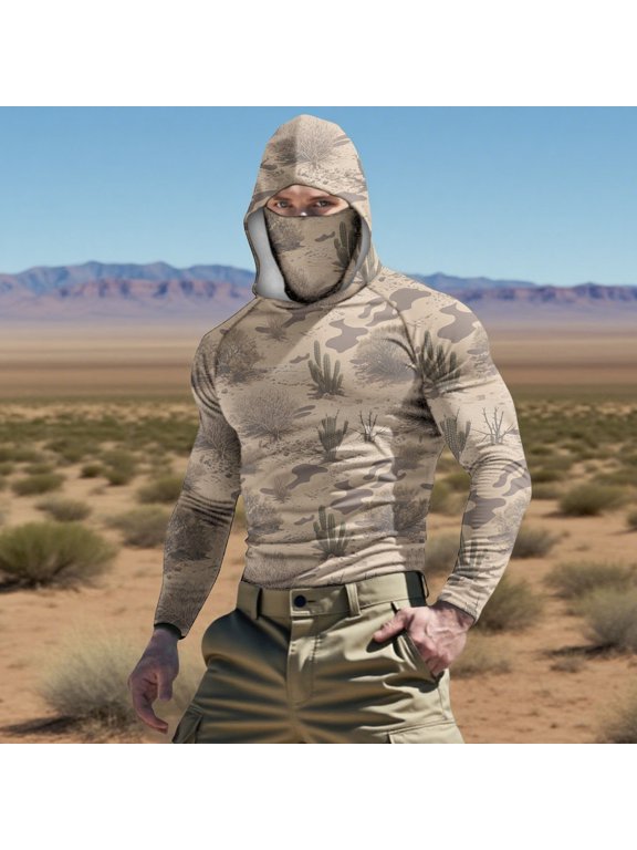 Fishing Men Shirts Casual Long Sleeve Sun Protection Beach Man Tees Camo Hooded with Face Mask Lightweight Tops