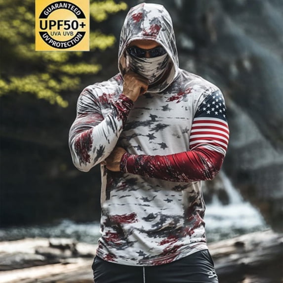 Zysthvn Fishing Mens Shirts Athletic Sun Protection Long Sleeve Beach Man Tees Camo with Face Mask Lightweight Hooded Tops