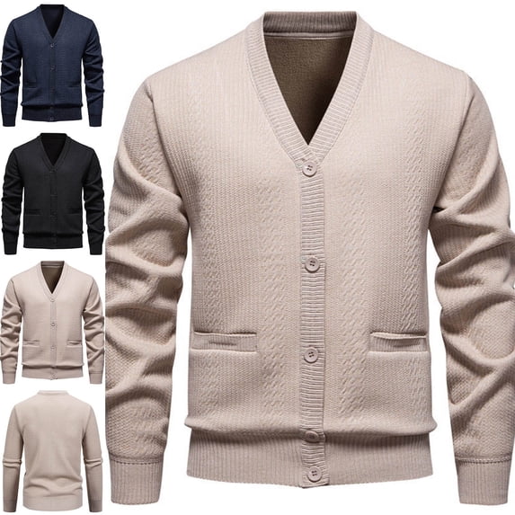Zysthvn Fleece Jackets for Men Sweater Winter Lightweight Casual Coats for Men Warm with Pockets Button Solid V-Neck