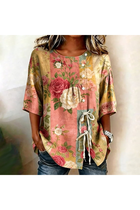Floral Casual Womens Tops Plus Size Boho 3/4 Sleeve Womens Shirts Drawstring Crew Neck