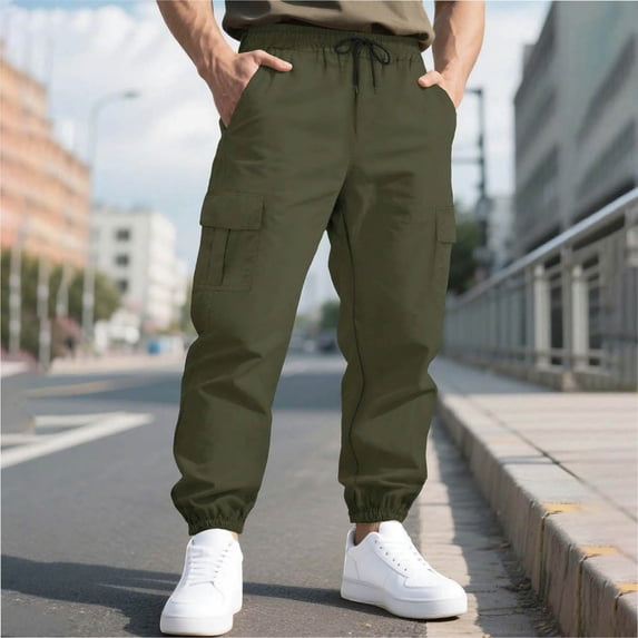 Zysthvn Full Length Mens Casual Pants Cargo Jogger Winter Trousers for Men Elastic Waist Solid Drawstring with Pockets Pants