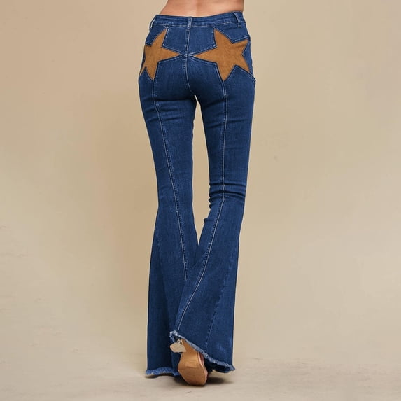 Zysthvn High Waisted Jean Pants for Women Flared Denim Star Print Casual Trousers for Women Jeans Loose Button with Pockets Stretch Pants