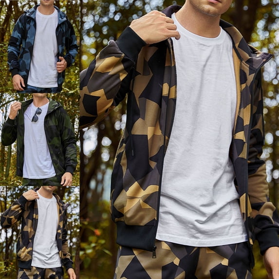 Zysthvn Hooded Mens Jackets Casual Fall Camo Lightweight Athletic Mens Outerwear Full Zip Outdoor with Pockets