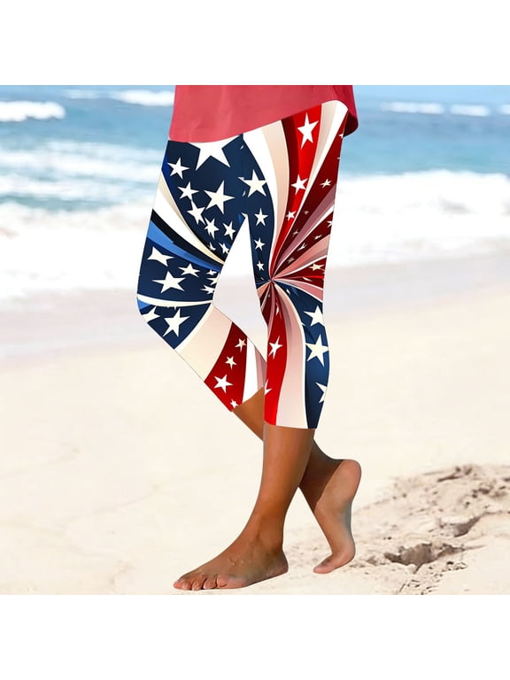 Independence Day Womens Capri Pants Workout Casual Cropped Yoga Pants for Women Lightweight Patriotic Elastic Waist Slim Fit American Flag Leggings