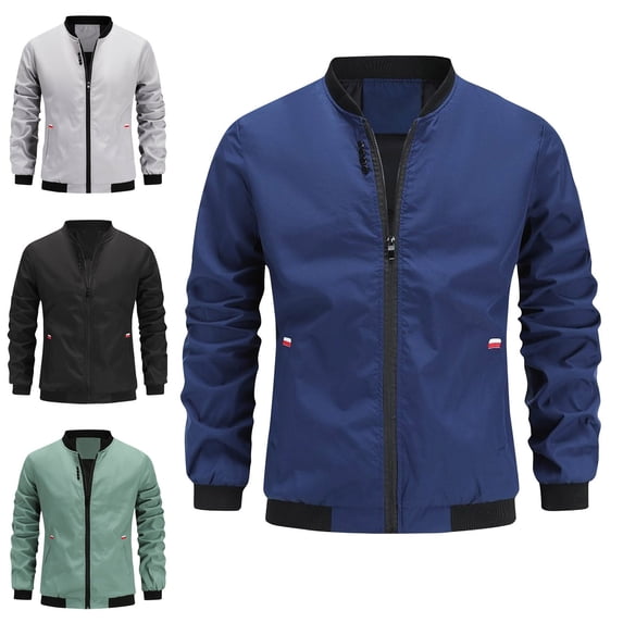 Zysthvn Jackets for Men Casual Lightweight Bomber Workwear Winter Coats for Men with Pockets Full Zip Stand Collar Solid Long Sleeve