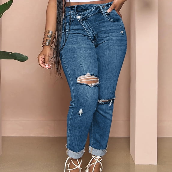 Zysthvn Jeans for Women Casual Straight Leg Womens Trousers High Waisted with Pockets Button Loose Ripped Solid Pants