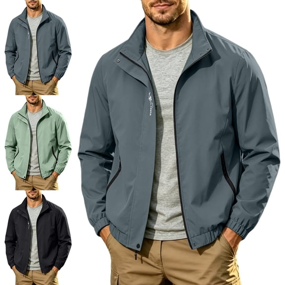 Zysthvn Lightweight Mens Full Zip Jacket Winter Outdoor Casual Mens Coats Outerwear Winter Stand Collar Long Sleeve with Pockets Solid