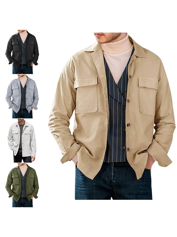 Lightweight Mens Jacket Cotton Cargo Athletic Fall Mens Coats with Pockets Button Solid Lapel Workwear