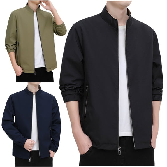 Zysthvn Lightweight Winter Jackets for Men Outdoor Casual Full Zip Coats for Men Long Sleeve with Pockets Stand Collar Solid