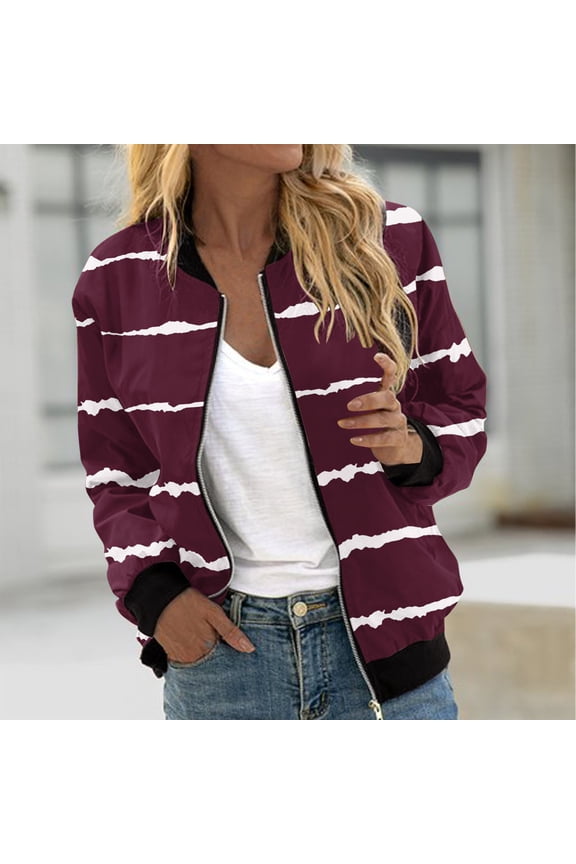 Long Sleeve Casual Jackets for Women Fall Full Zip Striped Coats for Women Stand Collar with Pockets Fitted Tops