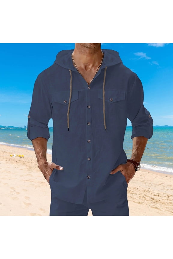 Long Sleeve Mens Shirts Casual Workout Hooded Cotton Linen Men T Shirts Drawstring Lightweight Button Solid Tops