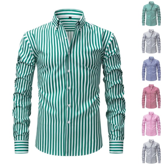 Zysthvn Long Sleeve Shirts for Men Big and Tall Dress Striped Casual Men's T Shirts Turn Down Collar Button Lightweight Tops