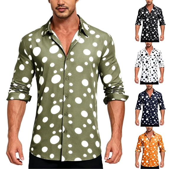 Zysthvn Long Sleeve Shirts for Men Casual Polka Dot Vacation Mens Tees Lightweight Button Collared Tops