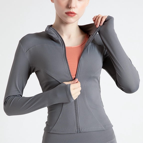 Zysthvn Long Sleeve Women Jacket Lightweight Athletic Yoga Full Zipper Coats for Women Fall Solid Stand Collar Slim Fit Tops