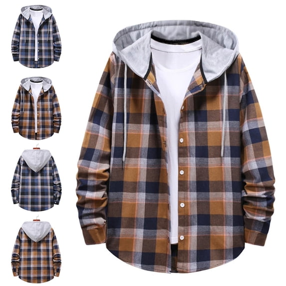 Zysthvn Mens Jackets Casual Plaid Lightweight Fall Hooded Mens Coats Loose Long Sleeve Single Breasted