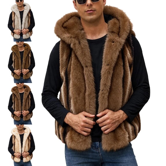 Zysthvn Open Front Men Vest Winter Casual Faux Fur Mens Jacket Hooded Warm Solid Outerwear