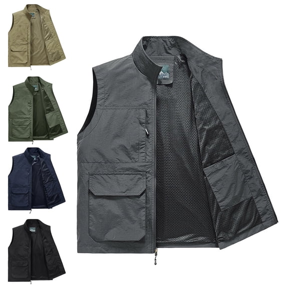 Zysthvn Outdoor Light Jackets for Men Casual Cargo Fall Athletic Mens Outerwear Sleeveless Stand Collar with Pockets Solid Plus Size