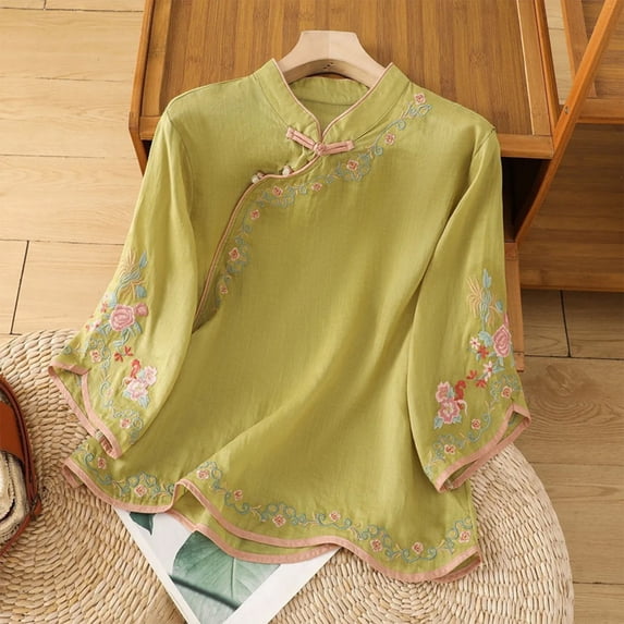 Zysthvn Plus Size Casual Tops for Women Cotton Blend 3/4 Sleeve Embroidered Womens Tshirts Solid Chinese Style Button Crew Neck