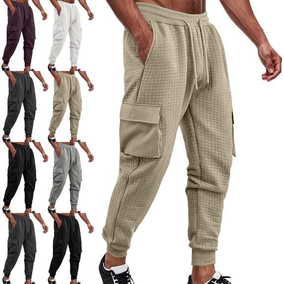 Zysthvn Plus Size Men's Cargo Pants Winter Cotton Outdoor Pants for Men with Pockets Elastic Waist Solid Joggers Trousers