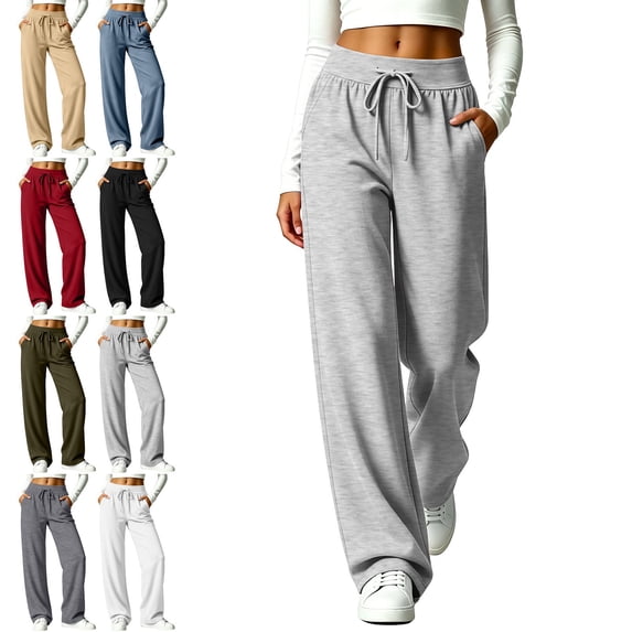 Zysthvn Plus Size Sweatpants for Women Athletic Casual High Waist Fall Wide Leg Pants for Tall Women Drawstring Elastic Waist with Pockets Solid Trousers