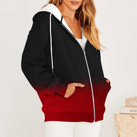 Zysthvn Plus Size Women's Jackets Hooded Full Zip Long Sleeve Fall Coats for Women Gradient with Pockets Loose Fit Tops
