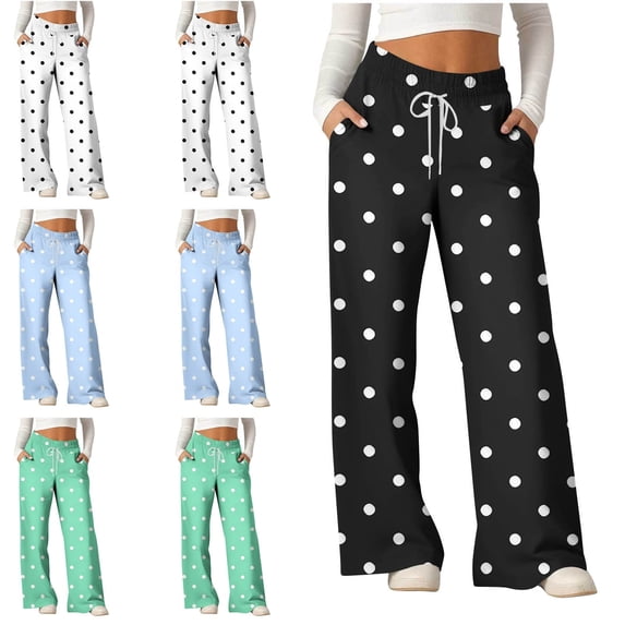 Zysthvn Plus Size Women's Summer Pants Casual Polka Dot Wide Leg Womens Trousers Loose Breathable with Pockets Drawstring Pants