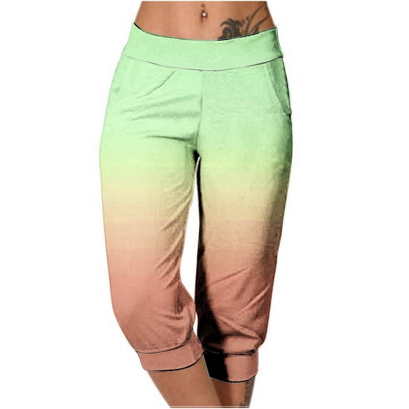 Zysthvn Plus Size Womens Summer Capris Cropped Gradient Casual Joggers Lounge Pants Women with Pockets Elastic Waist Fitted Lightweight