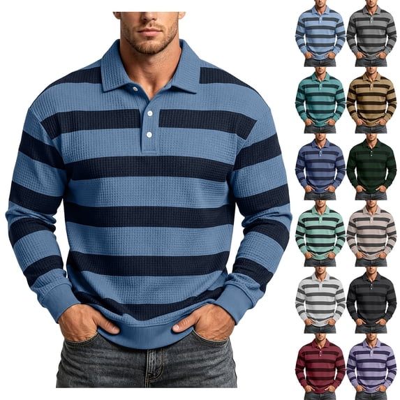 Zysthvn Polo Summer Shirts for Men Casual Long Sleeve Golf Striped Man Tees Turn Down Collar Vintage Button Lightweight Tops