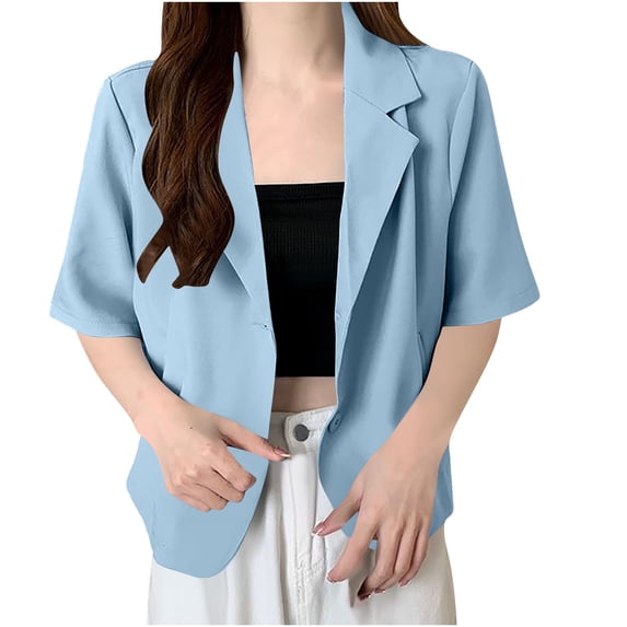 Zysthvn Short Sleeve Womens Blazers Single Breasted Lightweight Casual Elegant Coats for Women Solid Lapel Work One Button Tops