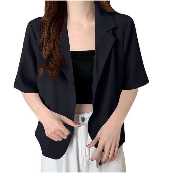 Zysthvn Short Sleeve Womens Lightweight Jacket Single Breasted Blazer Casual Womens Coats Outerwear Lapel Work Solid One Button Tops