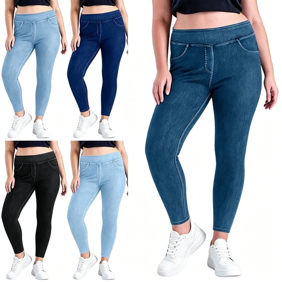 Zysthvn Skinny Womens Jeans Plus Size High Rise Denim Winter Comfortable Pants for Women Elastic Waist with Pockets Pull On Solid Trousers