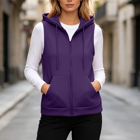 Zysthvn Sleeveless Jacket Women Full Zipper Plus Size Hooded Fall Womens Coats with Pockets Fitted Solid Tops