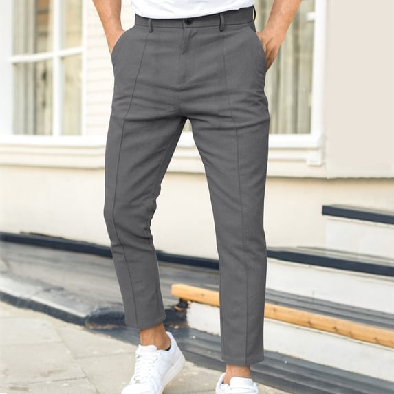 Zysthvn Straight Leg Men Pants Casual Cotton Linen Fall Mens Trousers Daily Wear Button Solid with Pockets Breathable Pants, Dark Gray XXL
