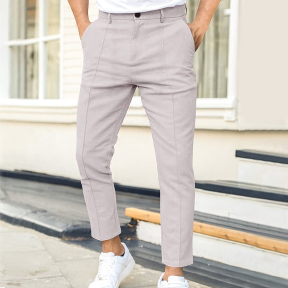 Zysthvn Straight Leg Men Pants Casual Fall Cotton Linen Mens Trousers Daily Wear Button with Pockets Breathable Solid Pants, Gray XXL