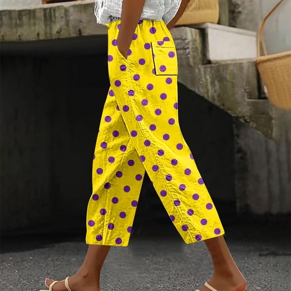 Zysthvn Straight Leg Women Capri Casual Plus Size Polka Dot Womens Crop Pants with Pockets Drawstring Loose