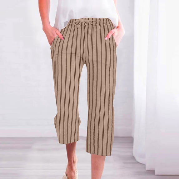 Zysthvn Striped Womens Capris Casual Summer Cropped Straight Leg Pants for Women Elastic Waist with Pockets Drawstring Loose