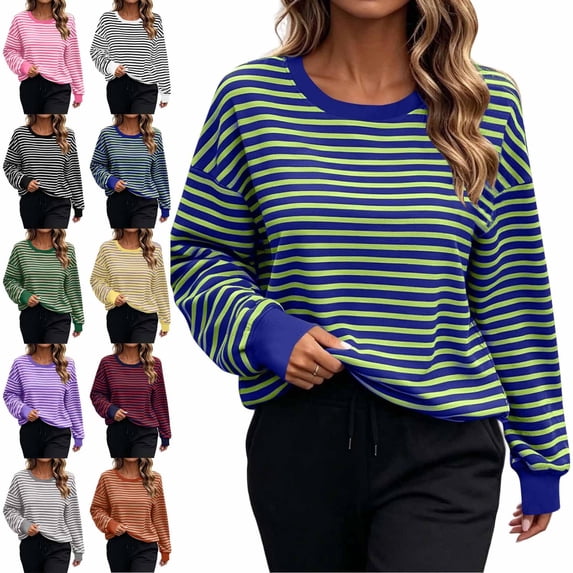 Zysthvn Striped Womens Sweatshirt Winter Pullover Casual Sweatshirts for Women Loose Fit Long Sleeve Crewneck Tops