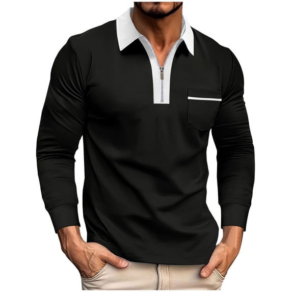 Zysthvn Summer Casual Shirts for Men Polo Golf Long Sleeve Tshirts Shirts for Men Solid Zipper Comfy Collared with Pockets Tops