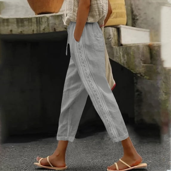 Zysthvn Summer Pants for Women Straight Leg Casual High Waisted Elastic Waist Trousers Pants for Women Lightweight Solid Loose with Pockets