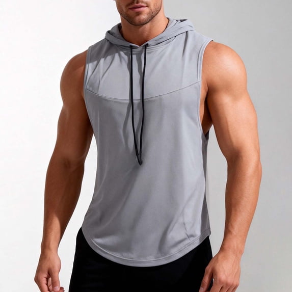 Zysthvn Summer Tank Tops Men Hooded Running Workout Casual Men Tops and Shirts Drawstring Breathable Solid
