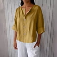 thumbnail image 1 of Zysthvn Summer Women's Tops Cotton Blend Casual 3/4 Sleeve Plus Size Women T Shirt Solid V-Neck Loose Fit Button, 1 of 8