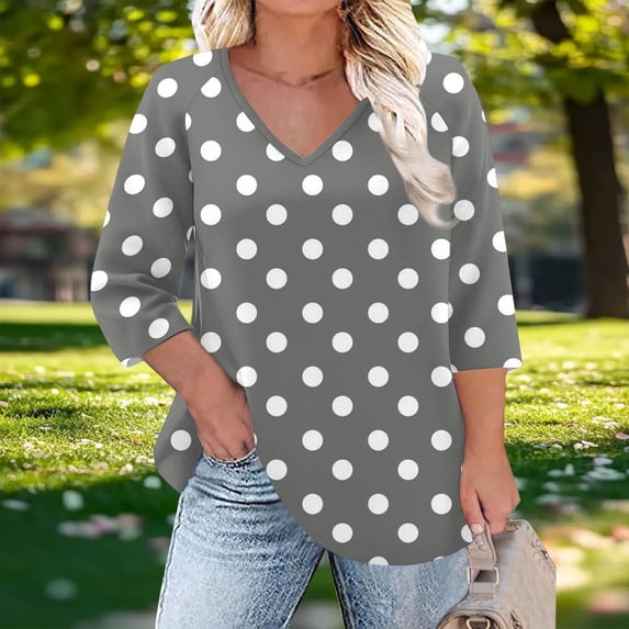 Zysthvn Summer Womens Tops Casual Plus Size Tunic Polka Dot Womens Shirts Loose Fit Breathable V-Neck