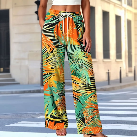 Zysthvn Tropical Print Women's Pants Wide Leg High Waisted Casual Hawaiian Loungewear Trousers for Women Pants Drawstring Elastic Waist Loose with Pockets Pants